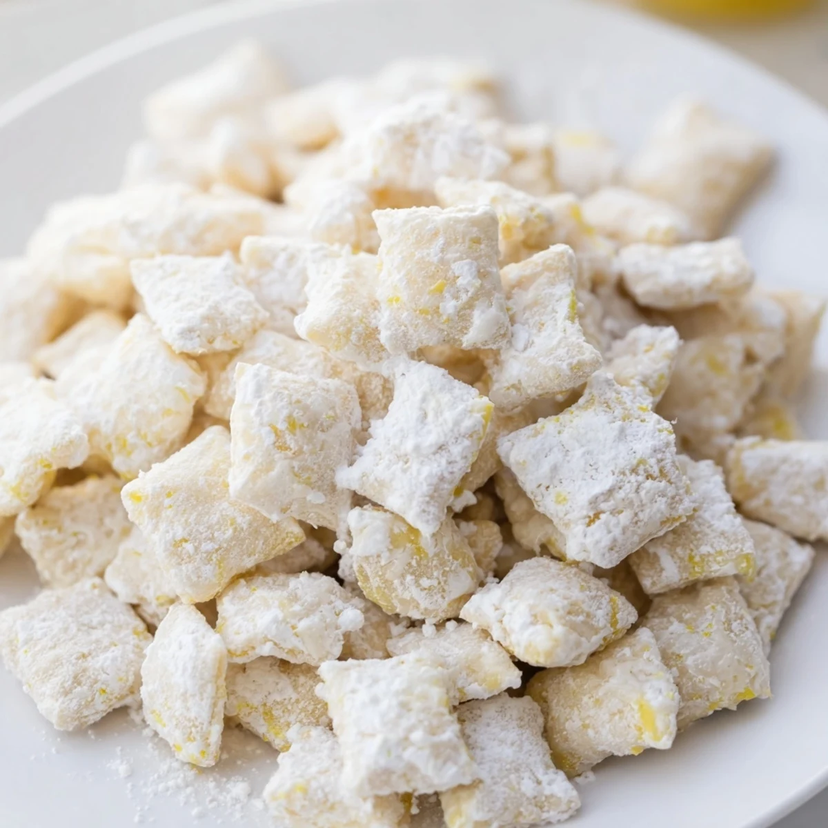 Close-up of lemonade puppy chow snack showing white chocolate drizzle and sugary coating on cereal