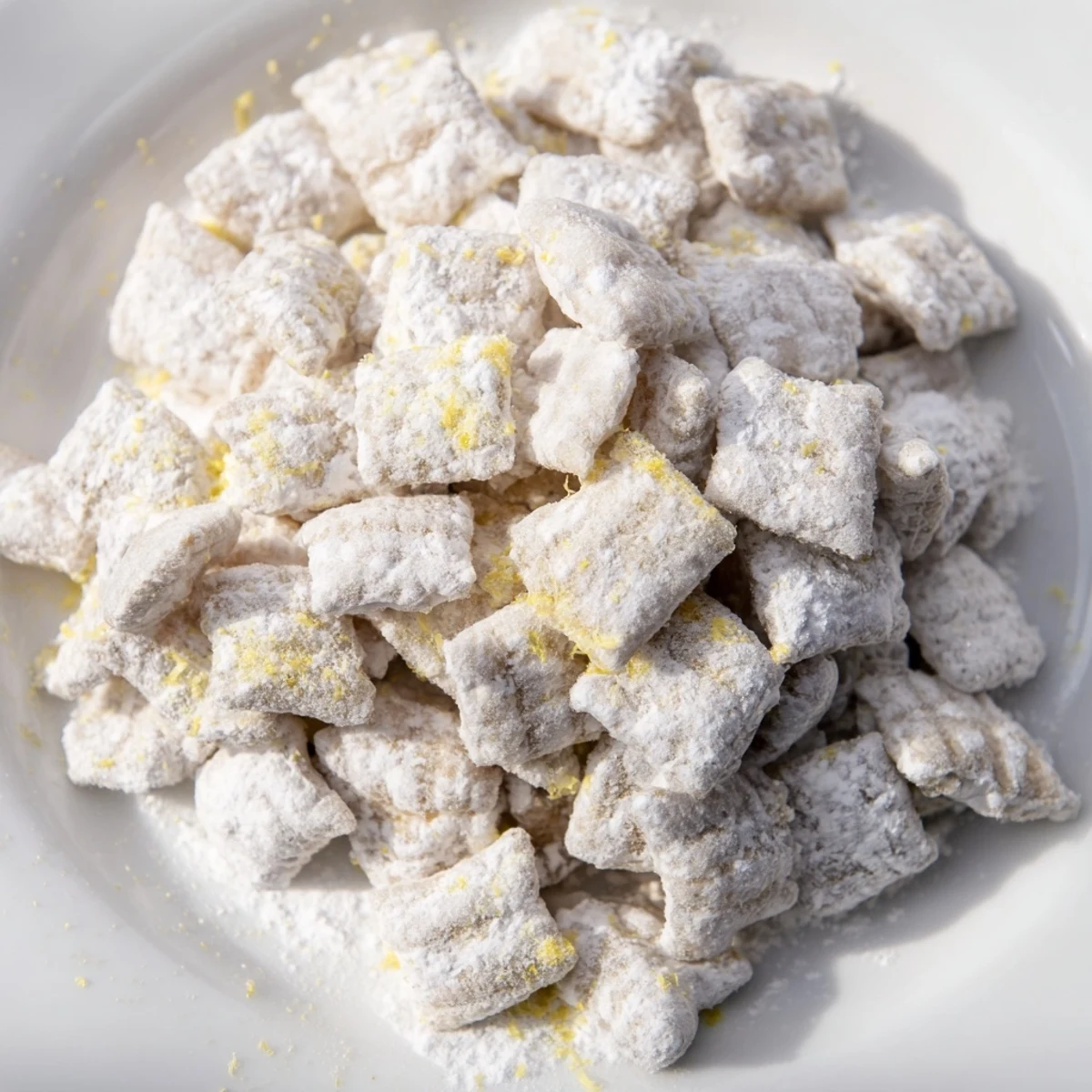 Fresh lemonade puppy chow snack recipe spread on baking sheet with lemon zest garnish