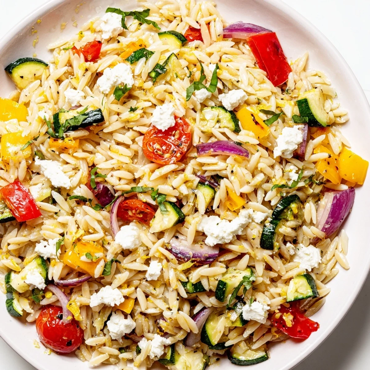 Golden roasted vegetable orzo tossed with colorful peppers, zucchini, and crumbled feta cheese