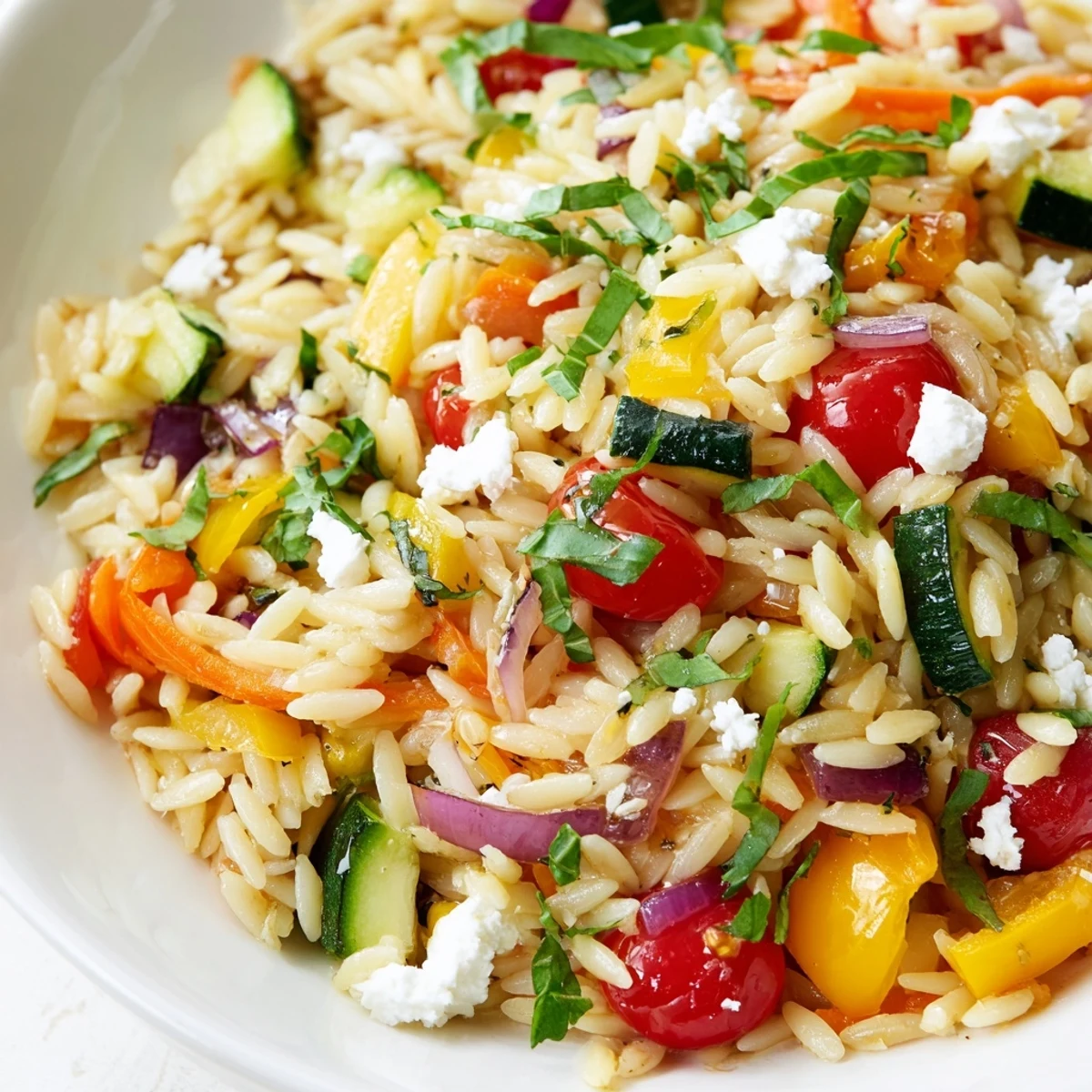 Mediterranean roasted vegetable orzo pasta with tender zucchini, bell peppers, and fresh herbs