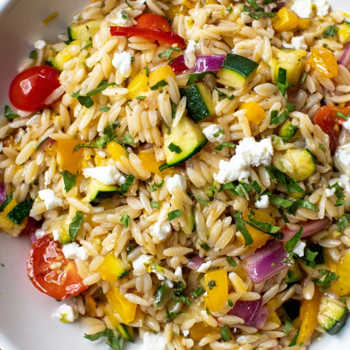 Vibrant bowl of roasted vegetable orzo with cherry tomatoes, lemon zest, and basil