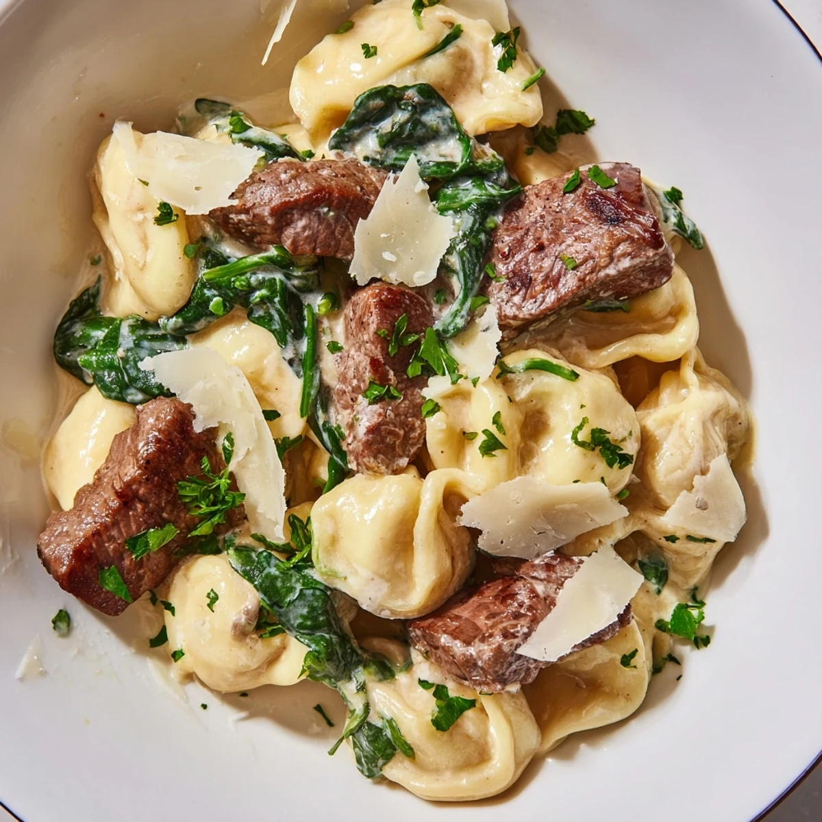 Succulent garlic steak tortellini tossed in rich creamy Parmesan sauce with fresh spinach