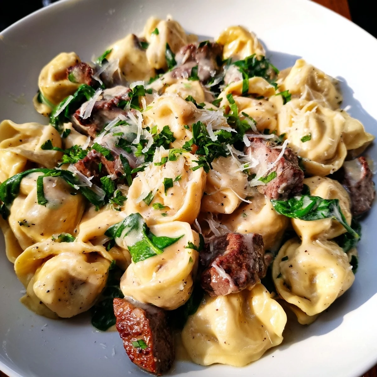 Golden seared beef strips and cheese tortellini swimming in velvety garlic cream sauce