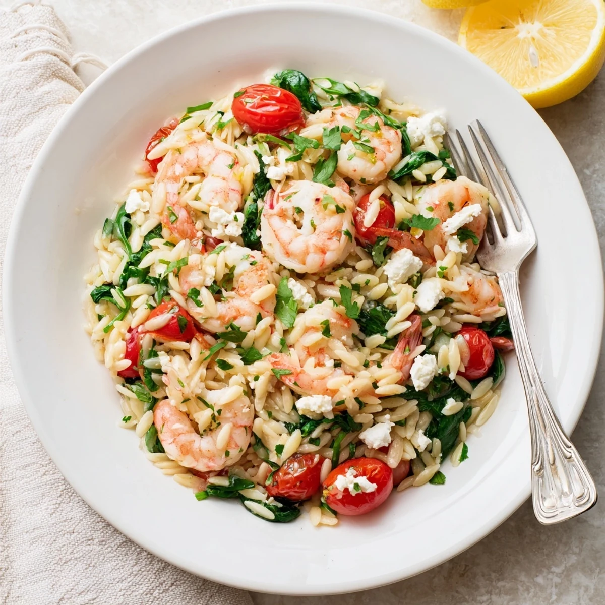 Mediterranean Lemon Feta Orzo Shrimp tossed with wilted spinach and burst cherry tomatoes