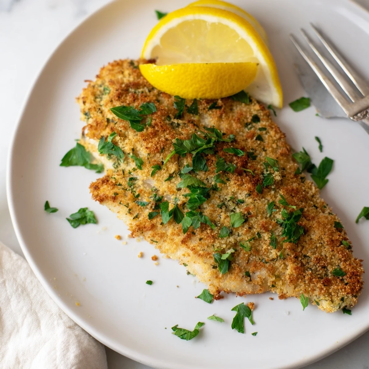 Four breaded tilapia fillets air fried until golden brown with flaky white fish inside