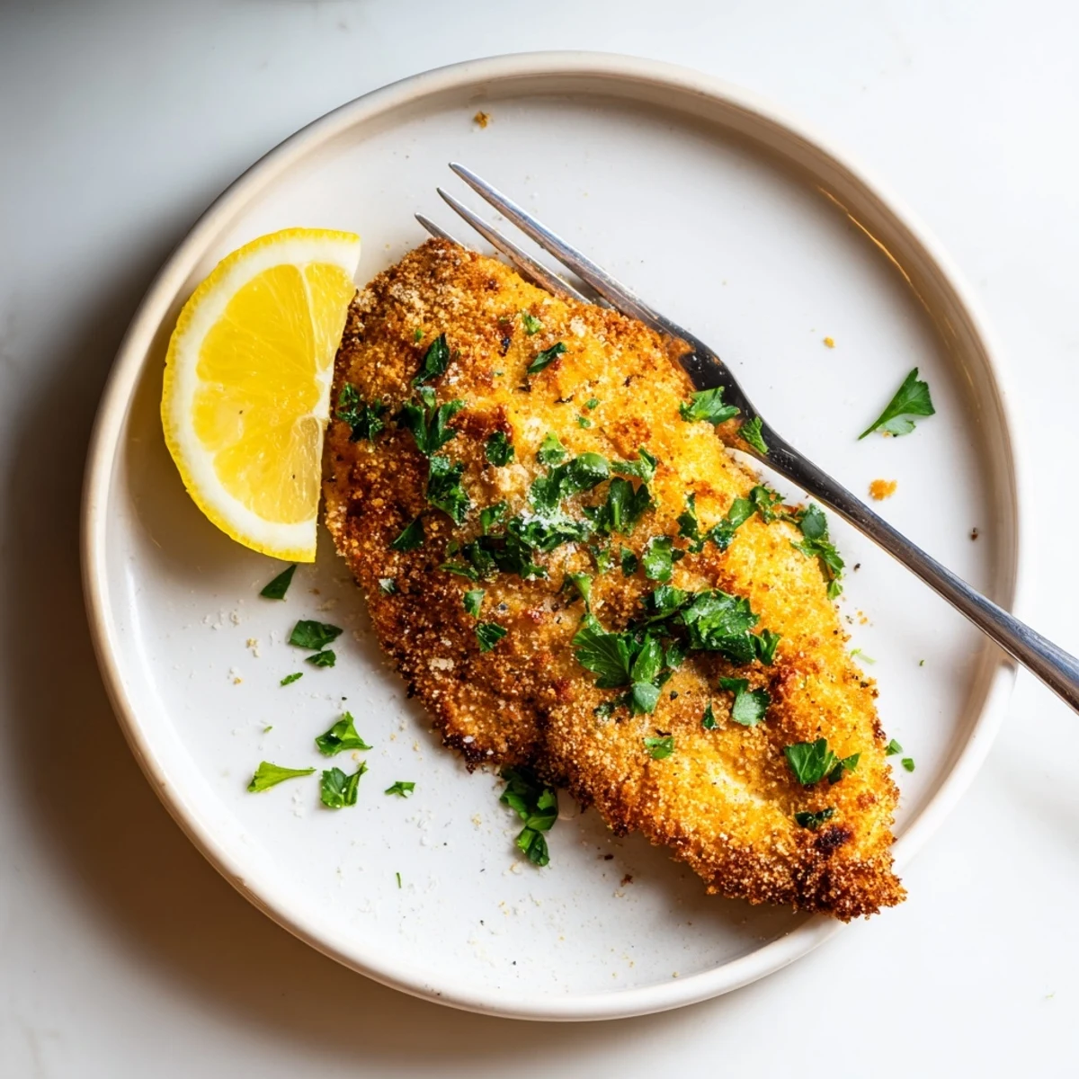 Perfectly cooked tilapia crispy in the air fryer garnished with fresh parsley and lemon