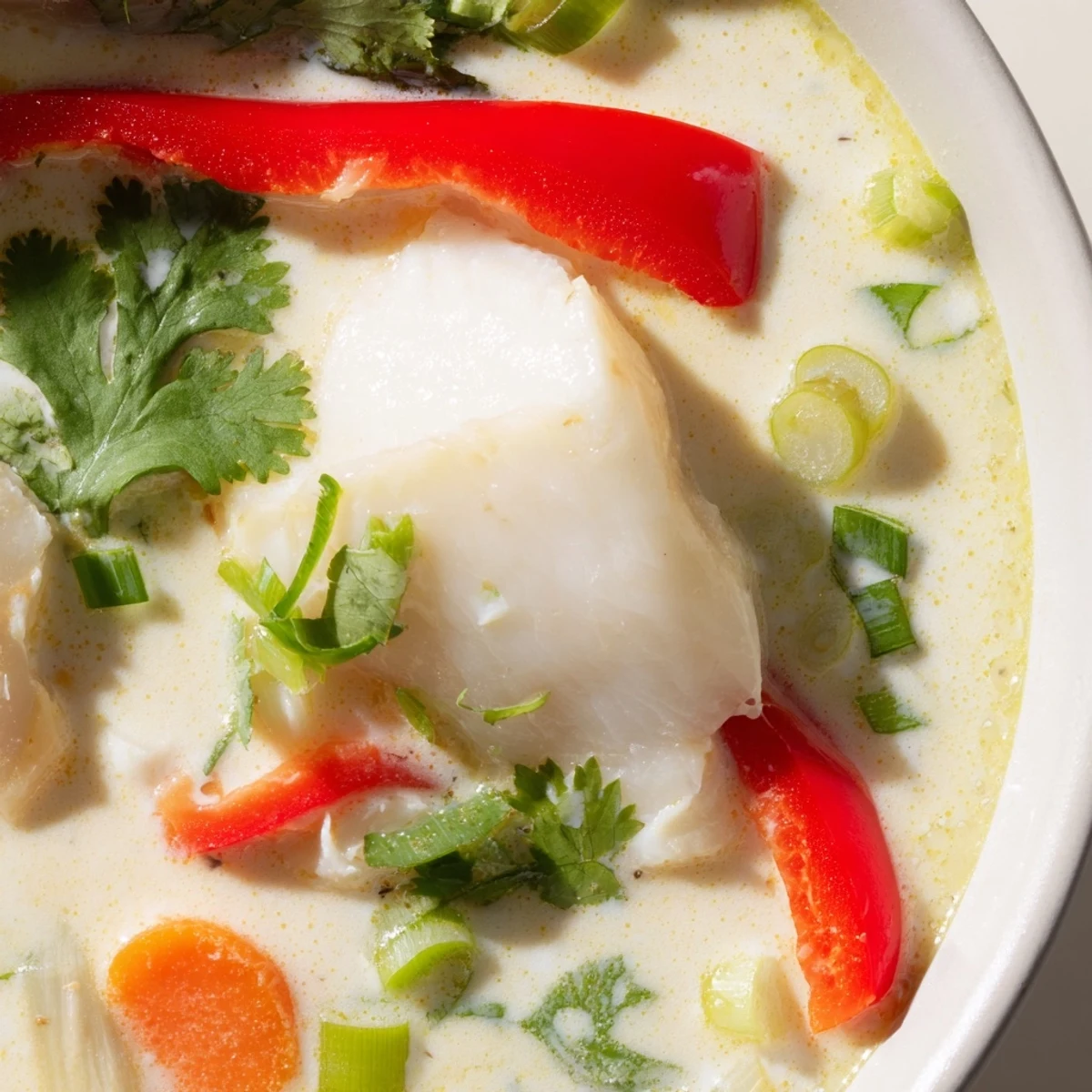 Creamy coconut lime fish soup served in white bowls with colorful vegetables and fresh cilantro garnish.