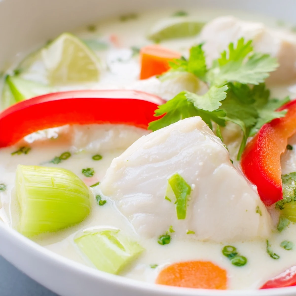 Steaming bowl of creamy coconut lime fish soup featuring tender white fish pieces, red bell pepper, and vibrant green onions.