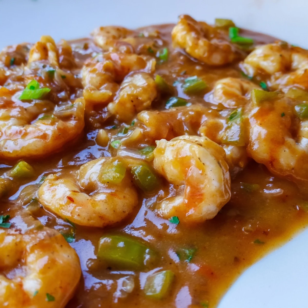 Golden shrimp étouffée served over fluffy white rice with chopped parsley garnish