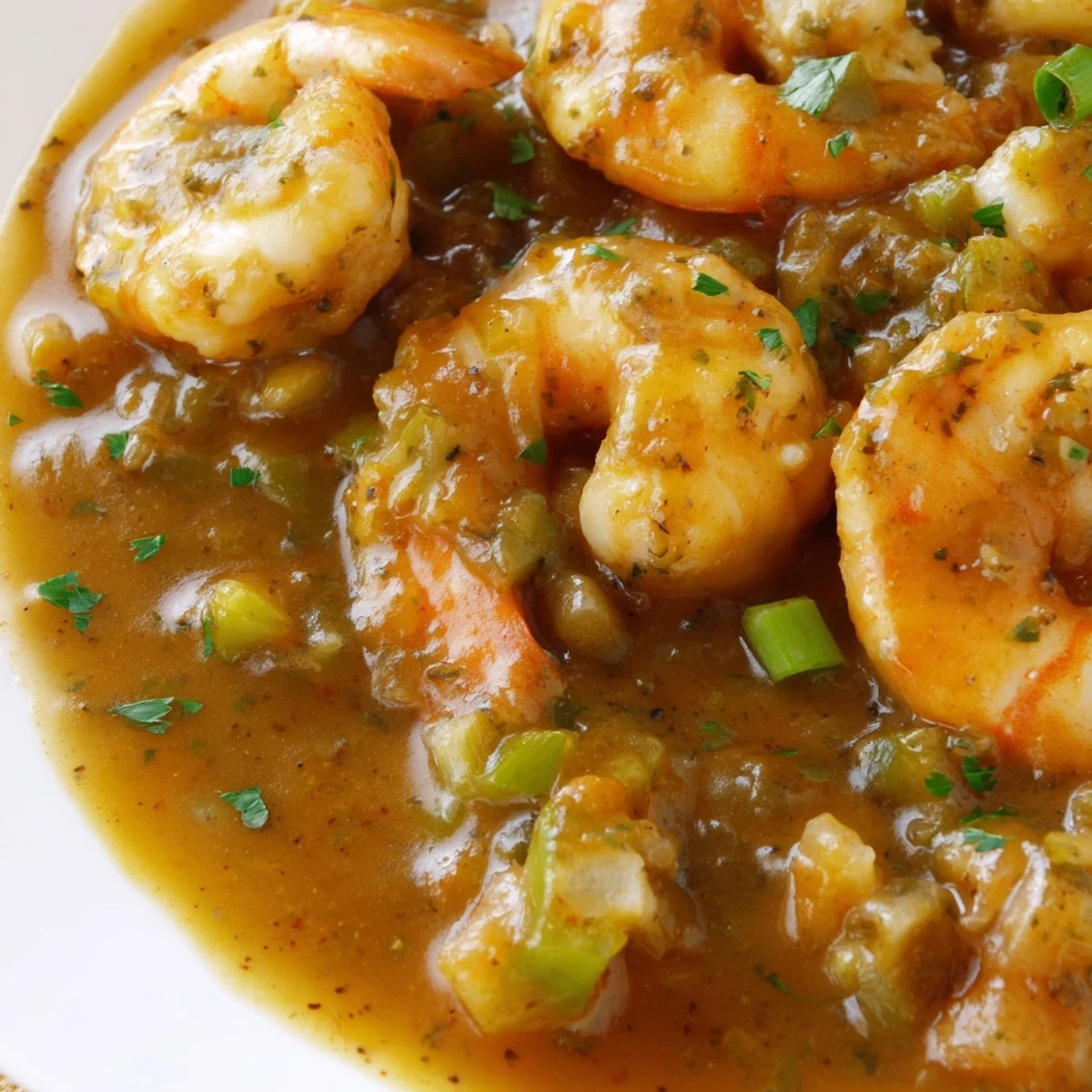 Rich Louisiana shrimp étouffée featuring plump shrimp in a dark roux sauce over steamed rice