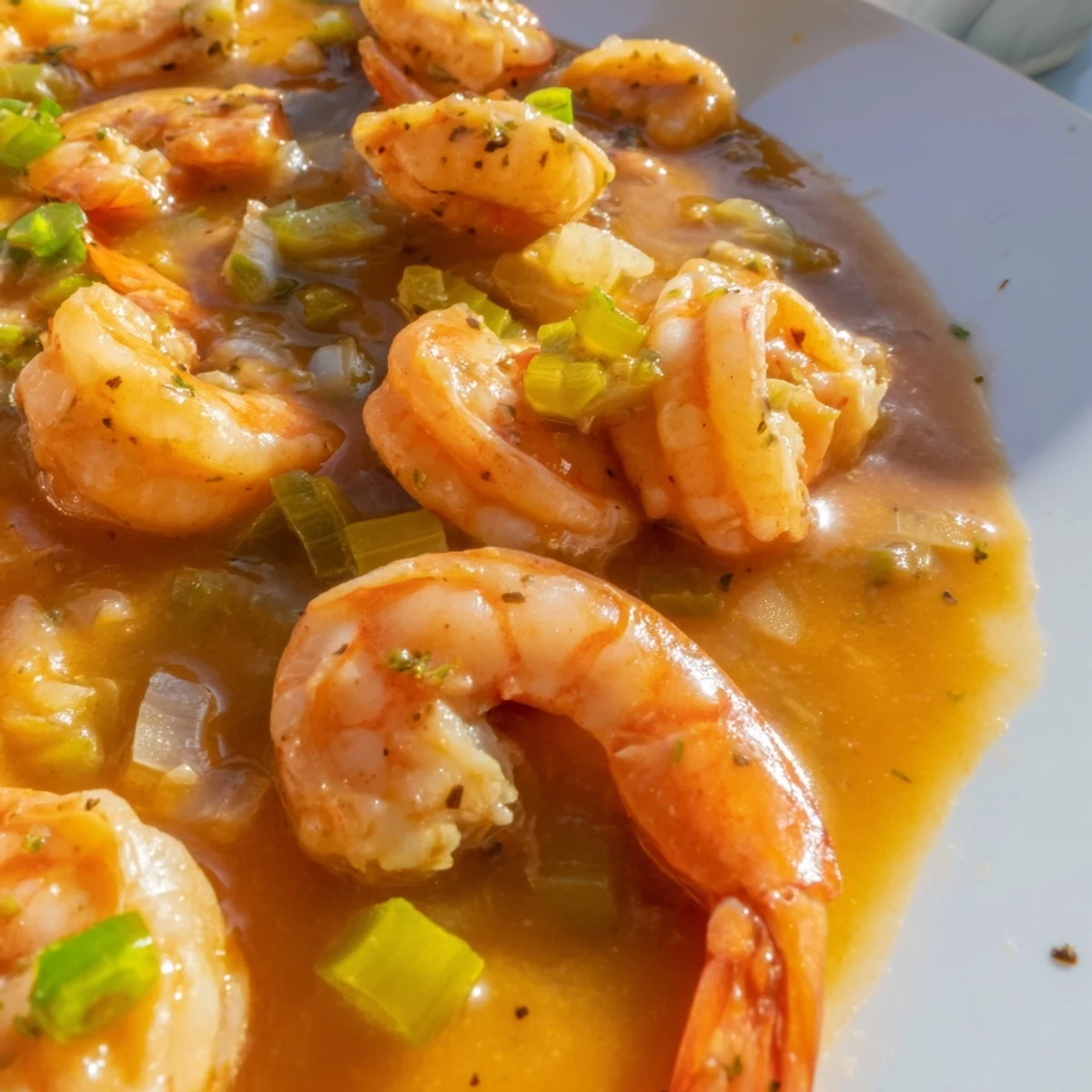 Classic Creole shrimp étouffée in a thick spicy tomato sauce mounded over white rice