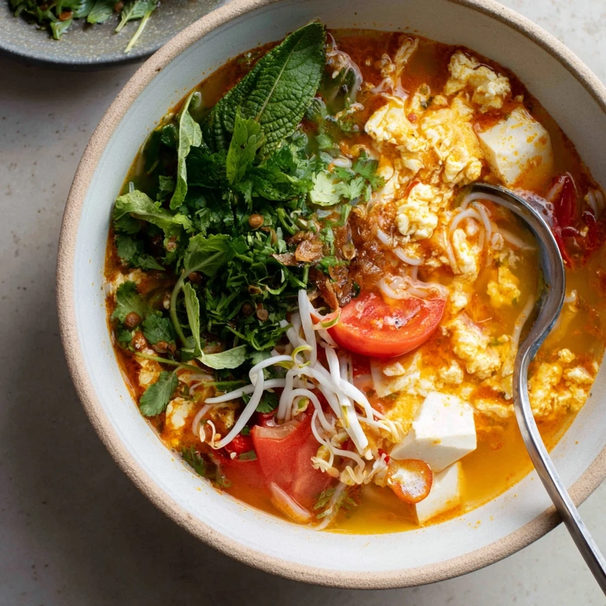 Golden bowl of Vietnamese Bun Rieu Crab Noodle Soup garnished with fresh herbs and lime wedges