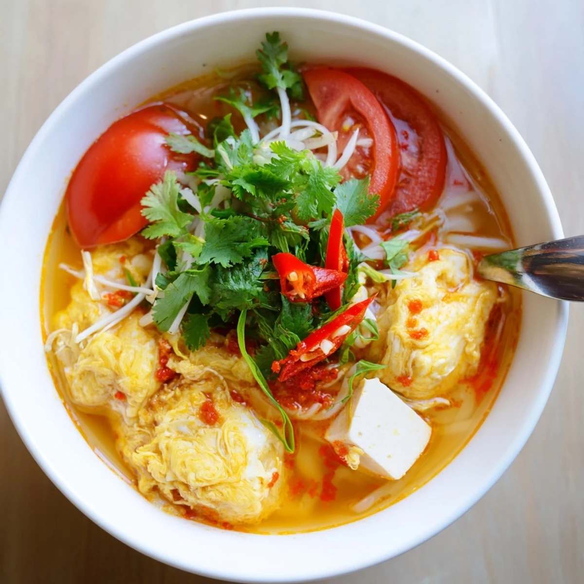 Rice vermicelli noodles topped with savory crab and tomato soup in this authentic Vietnamese Bun Rieu dish