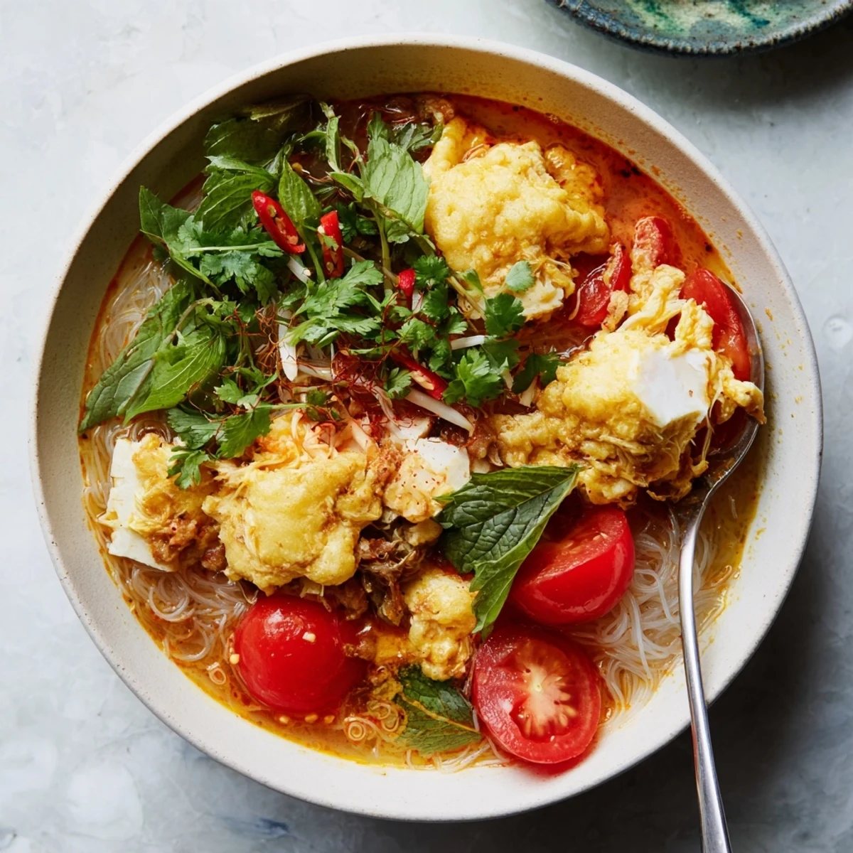 Steaming Vietnamese Bun Rieu featuring fluffy crab egg clouds, tomatoes, and tofu in aromatic red broth