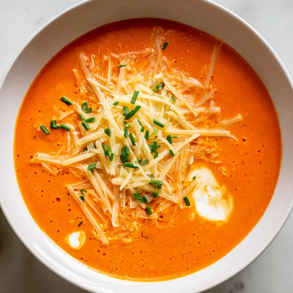Creamy roasted red pepper Gouda soup garnished with fresh herbs and extra shredded cheese