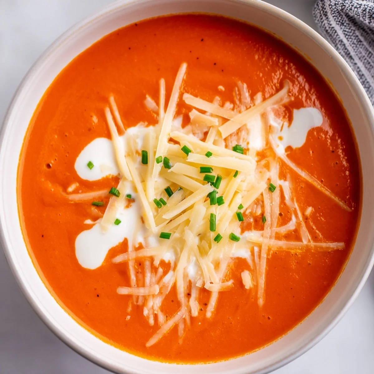 Velvety smooth red pepper and Gouda soup in a white bowl with chive sprinkles