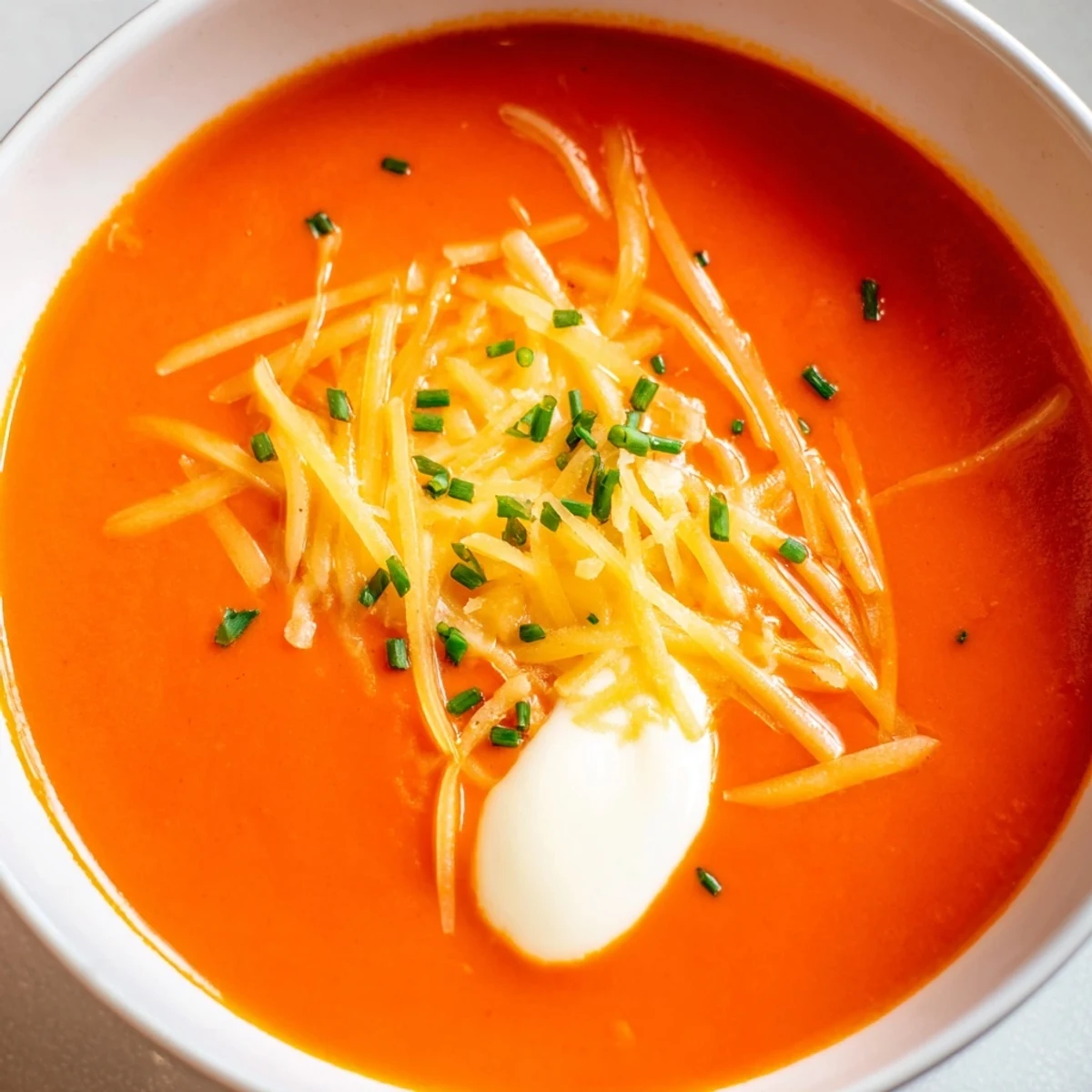 Rich orange roasted red pepper soup topped with melted Gouda and chopped parsley