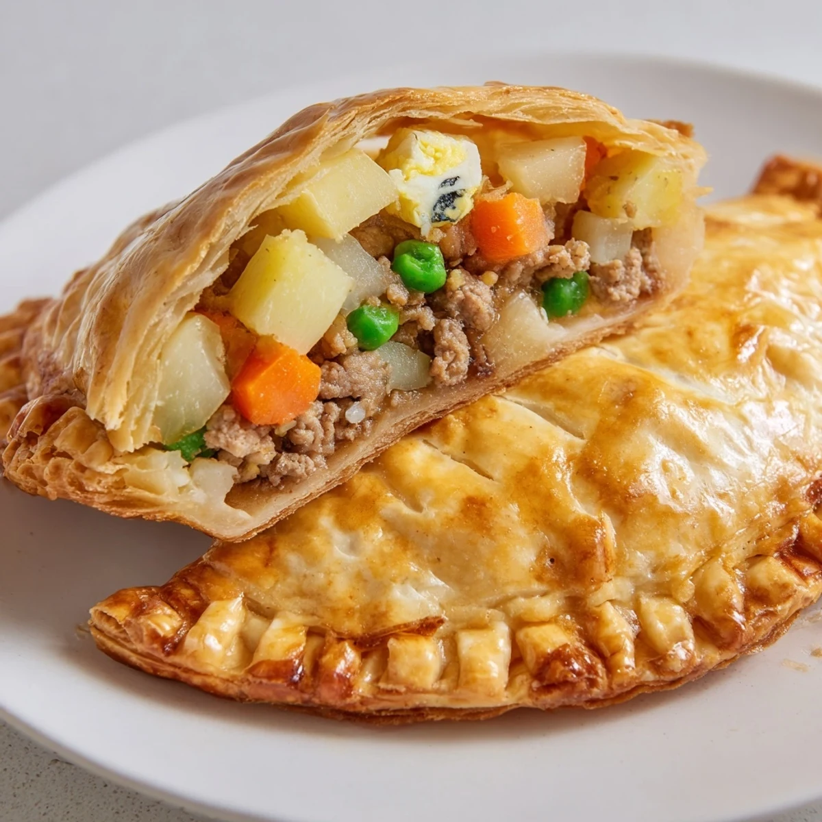 Golden brown Filipino empanada stuffed pastry featuring savory ground meat and colorful vegetables