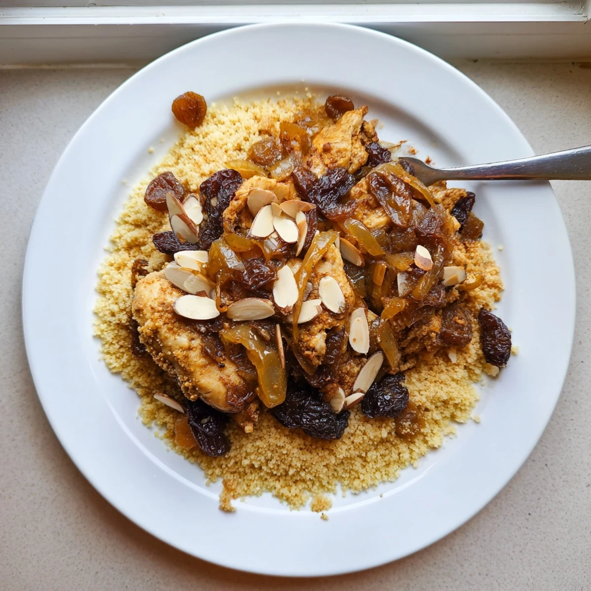 Fluffy Moroccan couscous crowned with golden caramelized onions, raisins, and toasted almonds