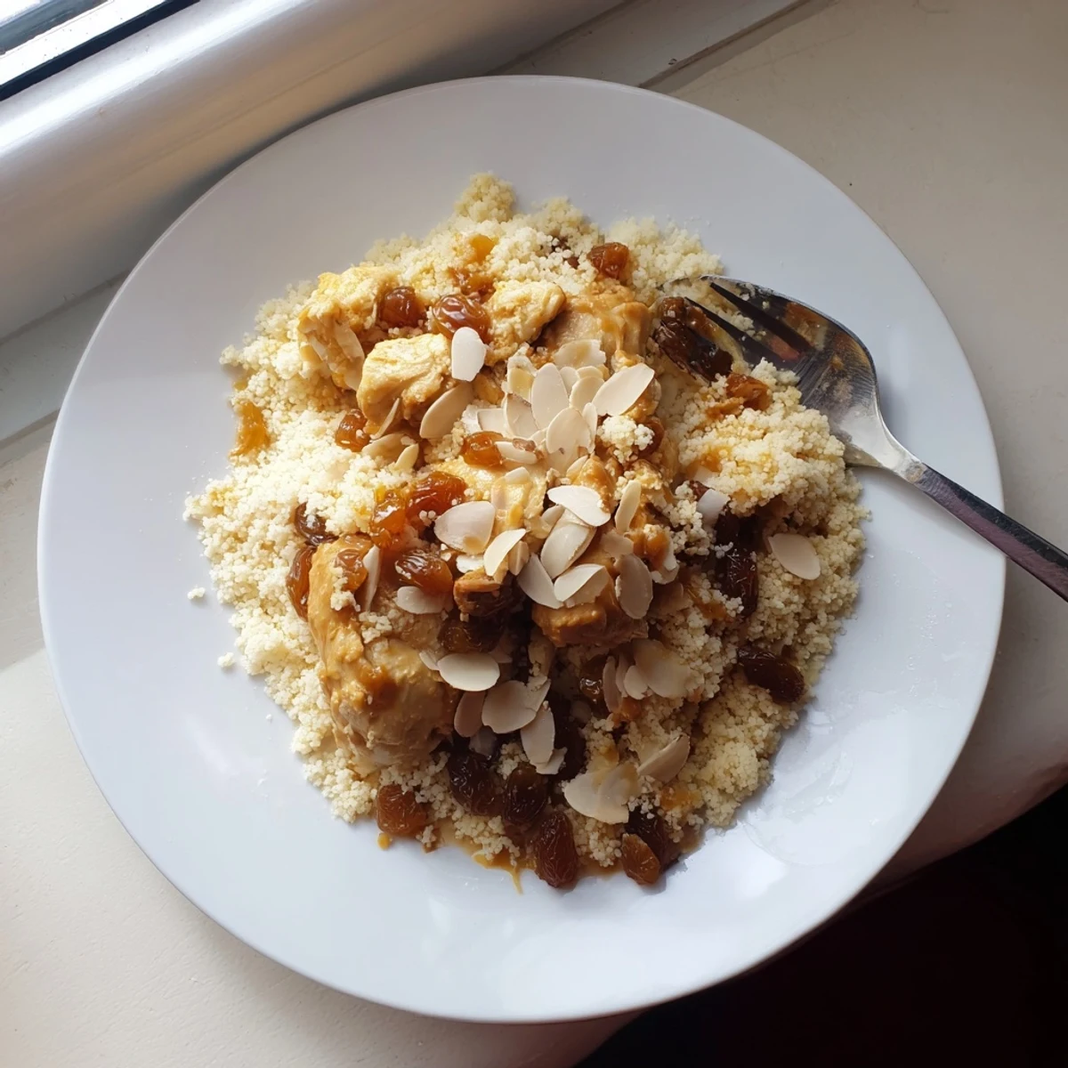 Golden chicken resting on bed of Moroccan couscous with sticky caramelized onion raisin topping
