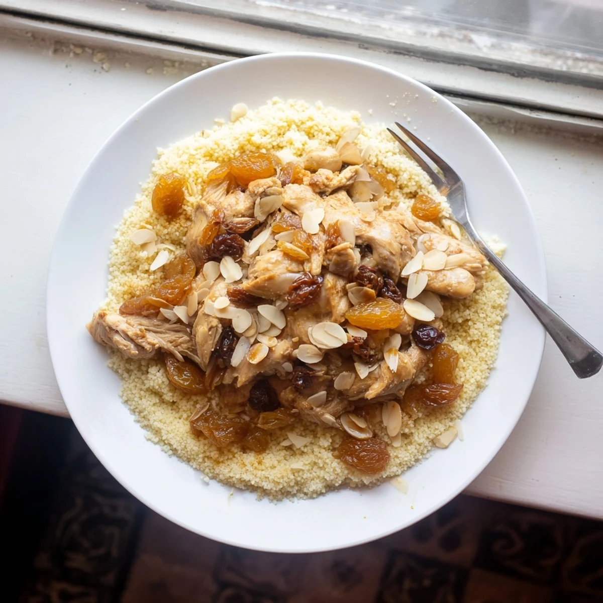 Mound of steamed couscous topped with sweet savory onion tfaya and crunchy slivered almonds