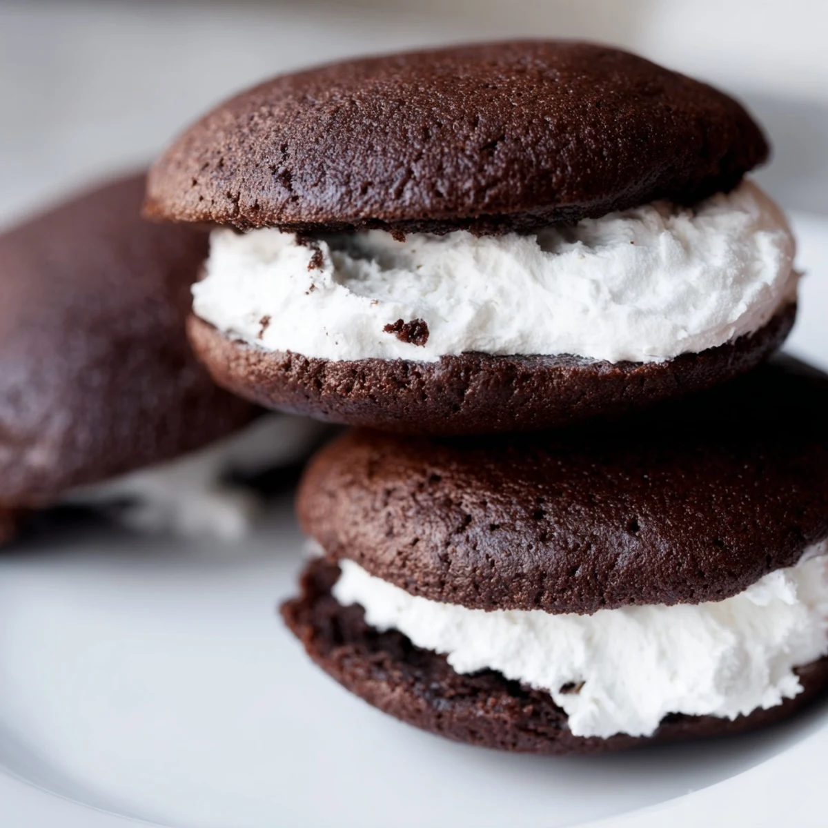Soft chocolate whoopie pies filled with fluffy white marshmallow cream sandwiched together