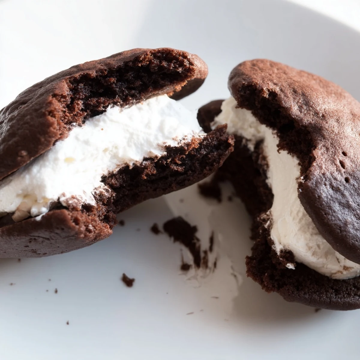 Classic American chocolate whoopie pies stacked high with marshmallow fluff cream center