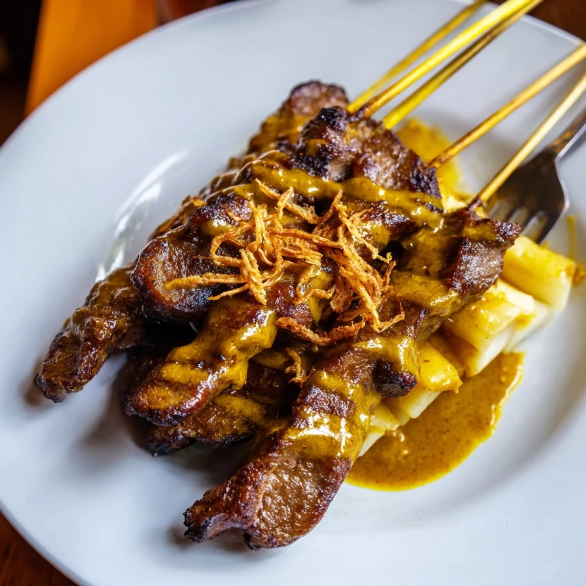 Tender Indonesian beef skewers glistening with rich spiced Padang sauce garnished with crispy fried shallots on a serving plate
