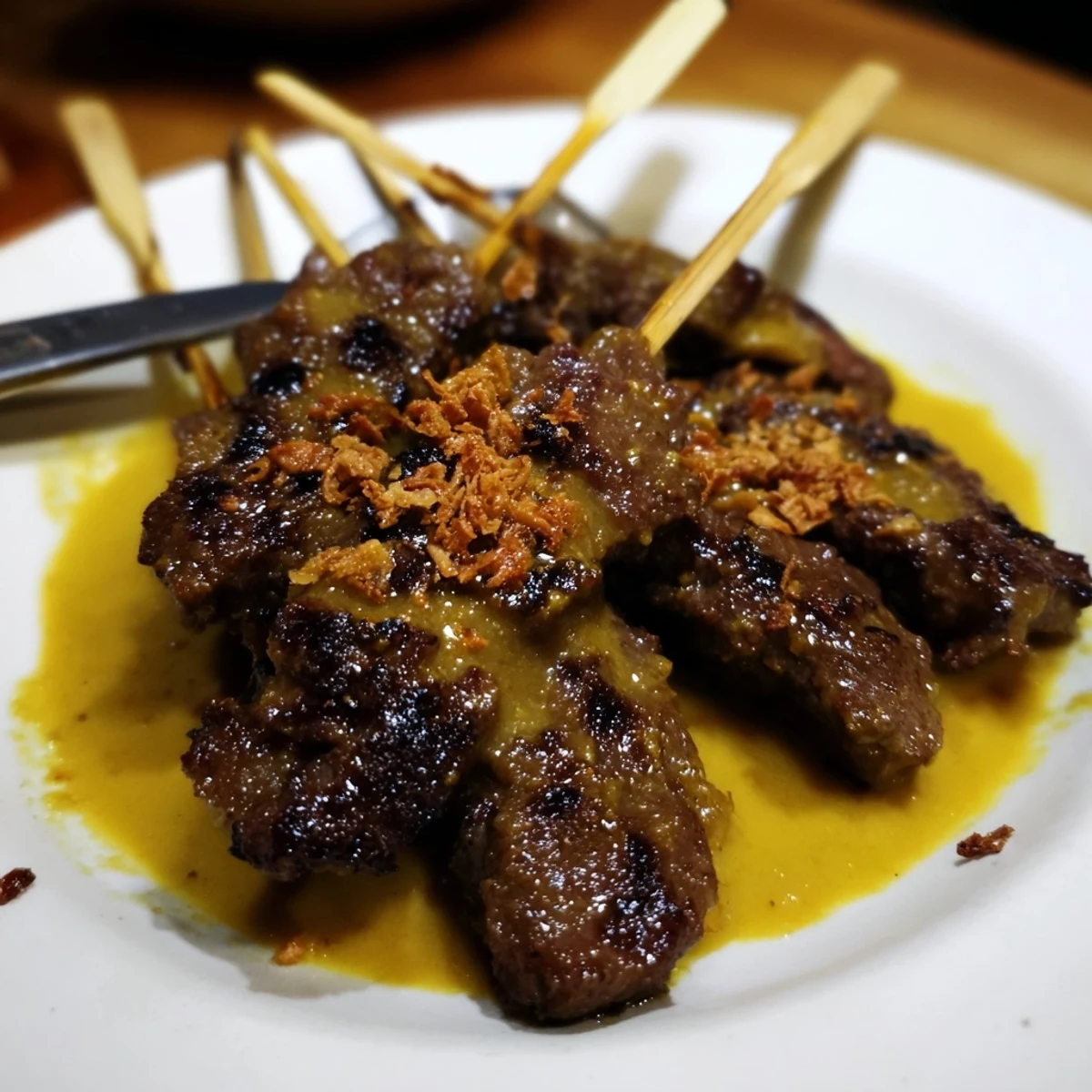Charcoal-grilled Sate Padang beef arranged on bamboo skewers drizzled with aromatic yellow curry-style sauce beside sliced rice cake