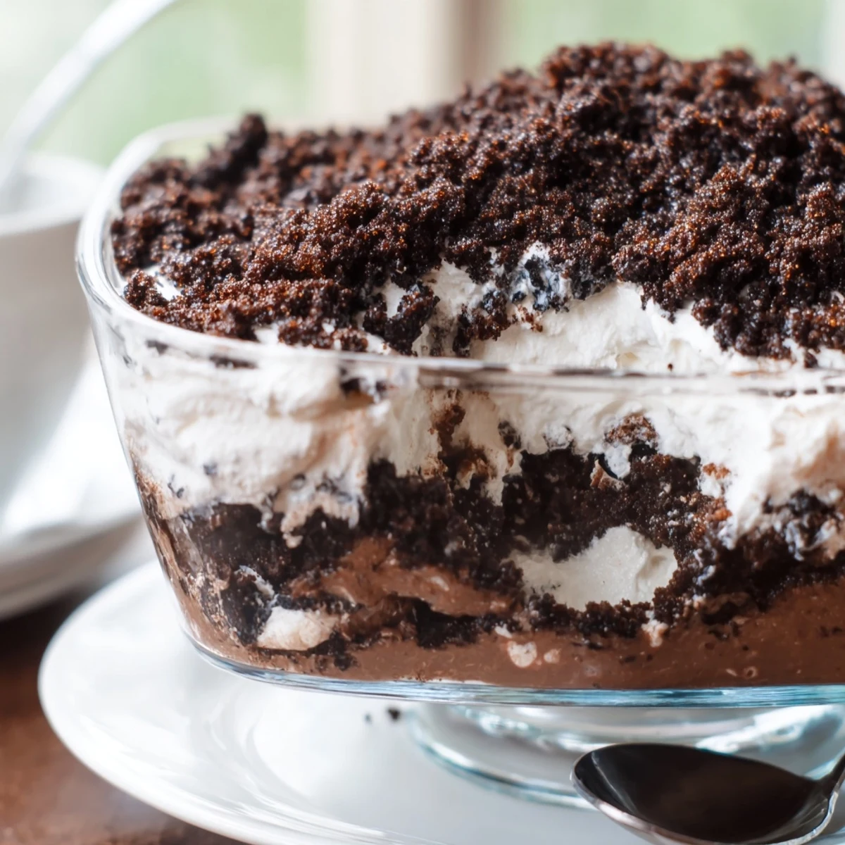 Creamy low-carb chocolate dirt cake showcasing rich pudding layers beneath fluffy whipped cream and crunchy cocoa topping