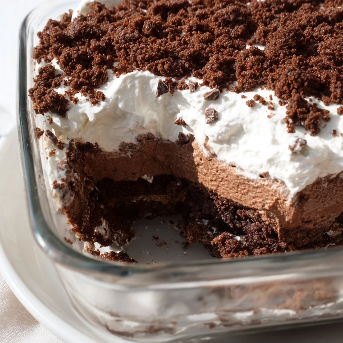Slice of keto dirt cake revealing chocolate pudding and whipped cream layers topped with chocolate almond dirt crumble