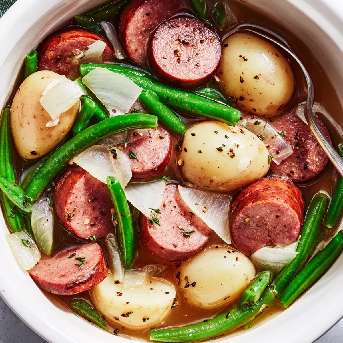 Hearty crockpot kielbasa and green beans one-pot meal featuring smoky sliced sausage with crisp vegetables