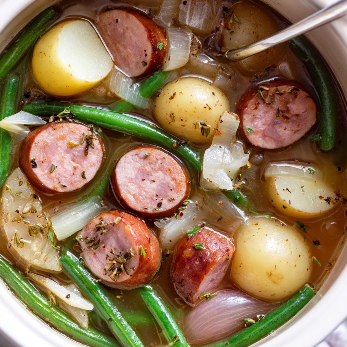 Comforting crockpot kielbasa and green beans plated with golden potatoes and aromatic seasonings for easy family dinner