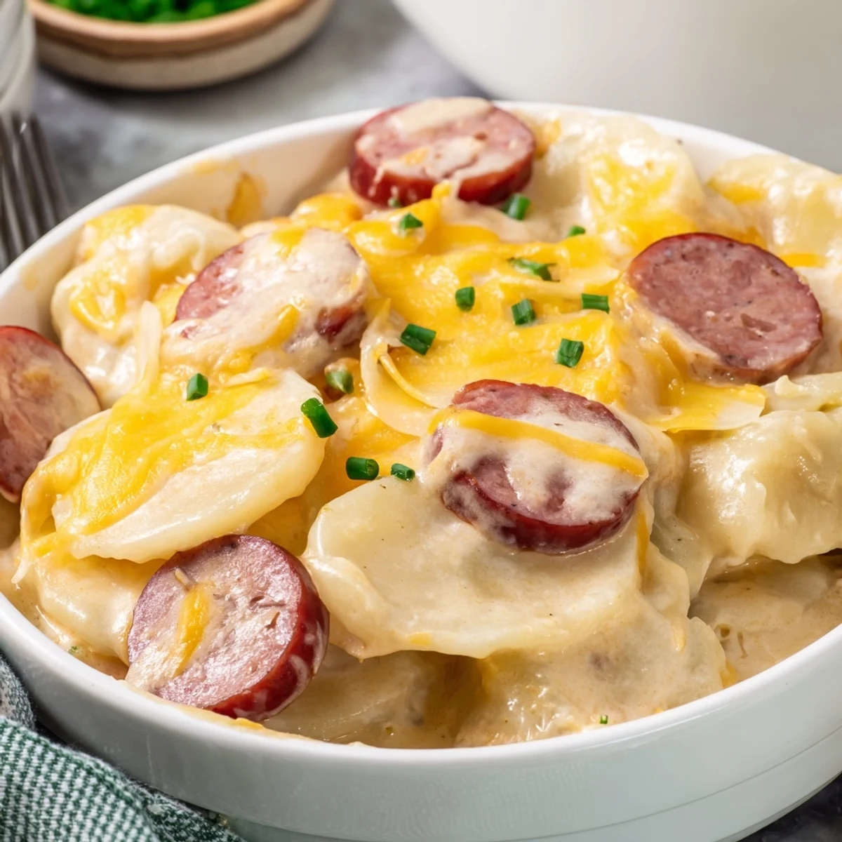 Hearty Crock Pot pierogi casserole with smoky kielbasa and creamy cheese sauce