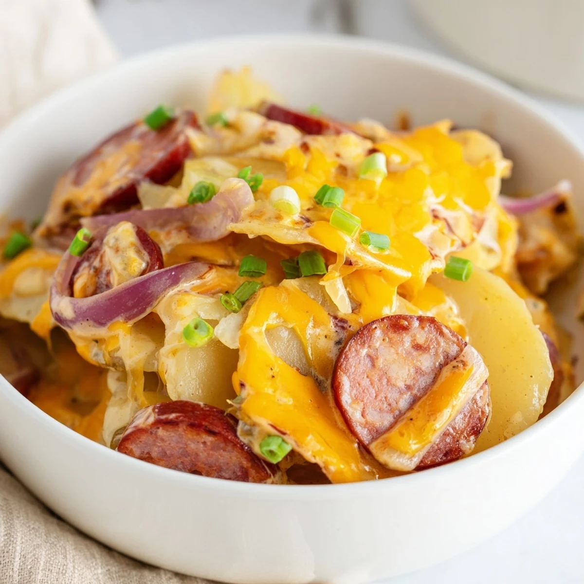 Bubbling pierogi casserole layers with sliced sausage onions and golden cheese topping