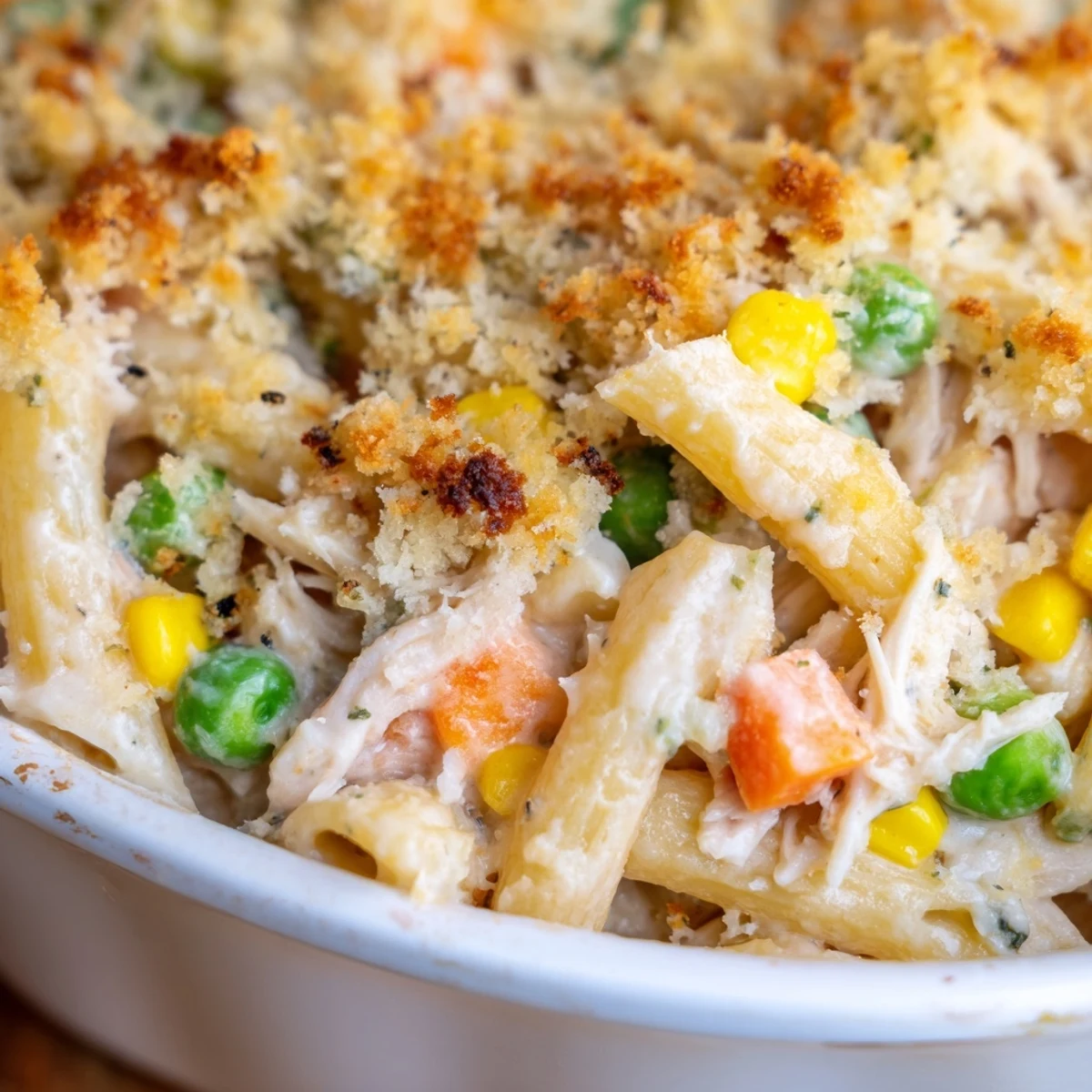 Golden chicken pot pie pasta casserole topped with crispy buttered Parmesan breadcrumbs