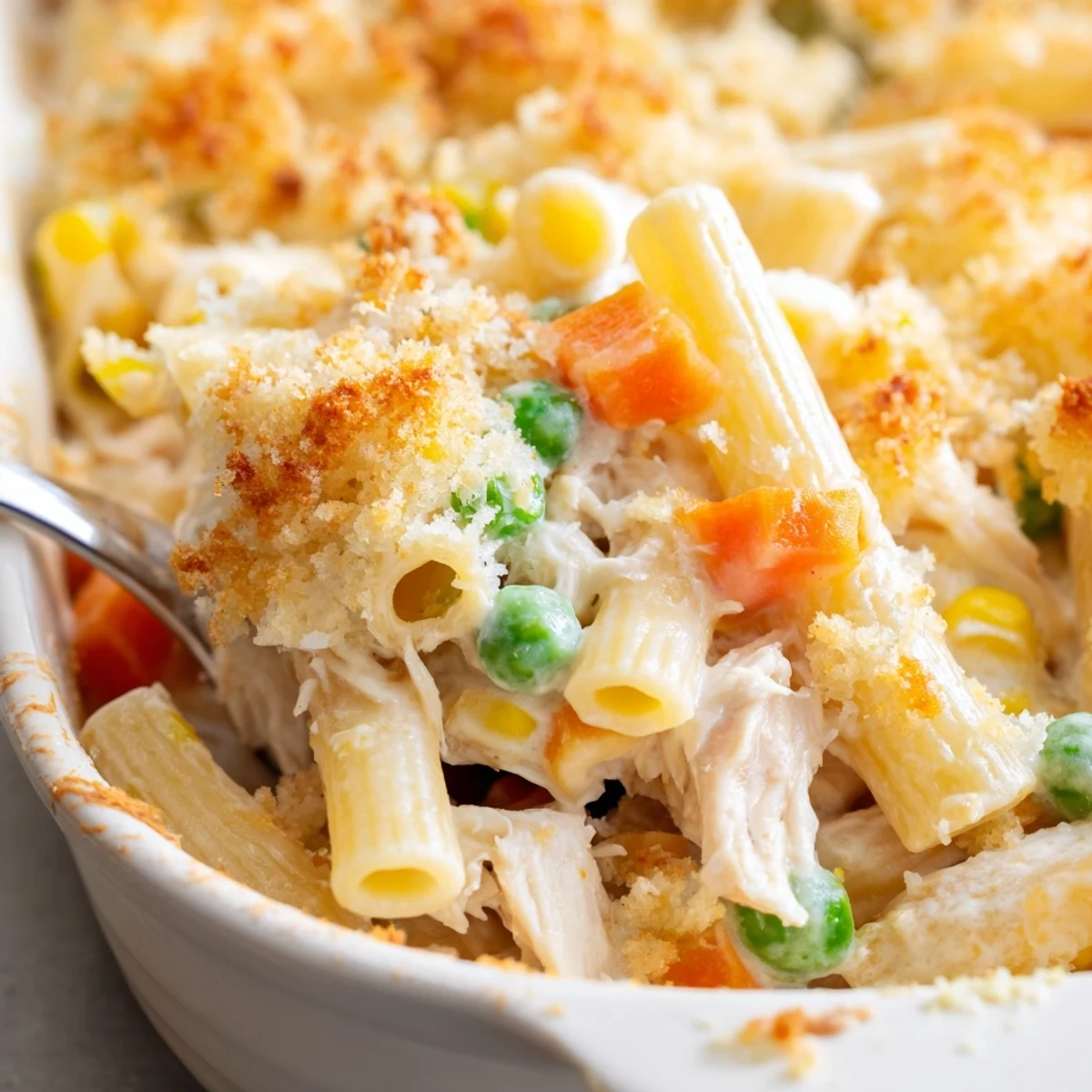 Creamy chicken pot pie pasta bubbling in a baking dish with colorful vegetables