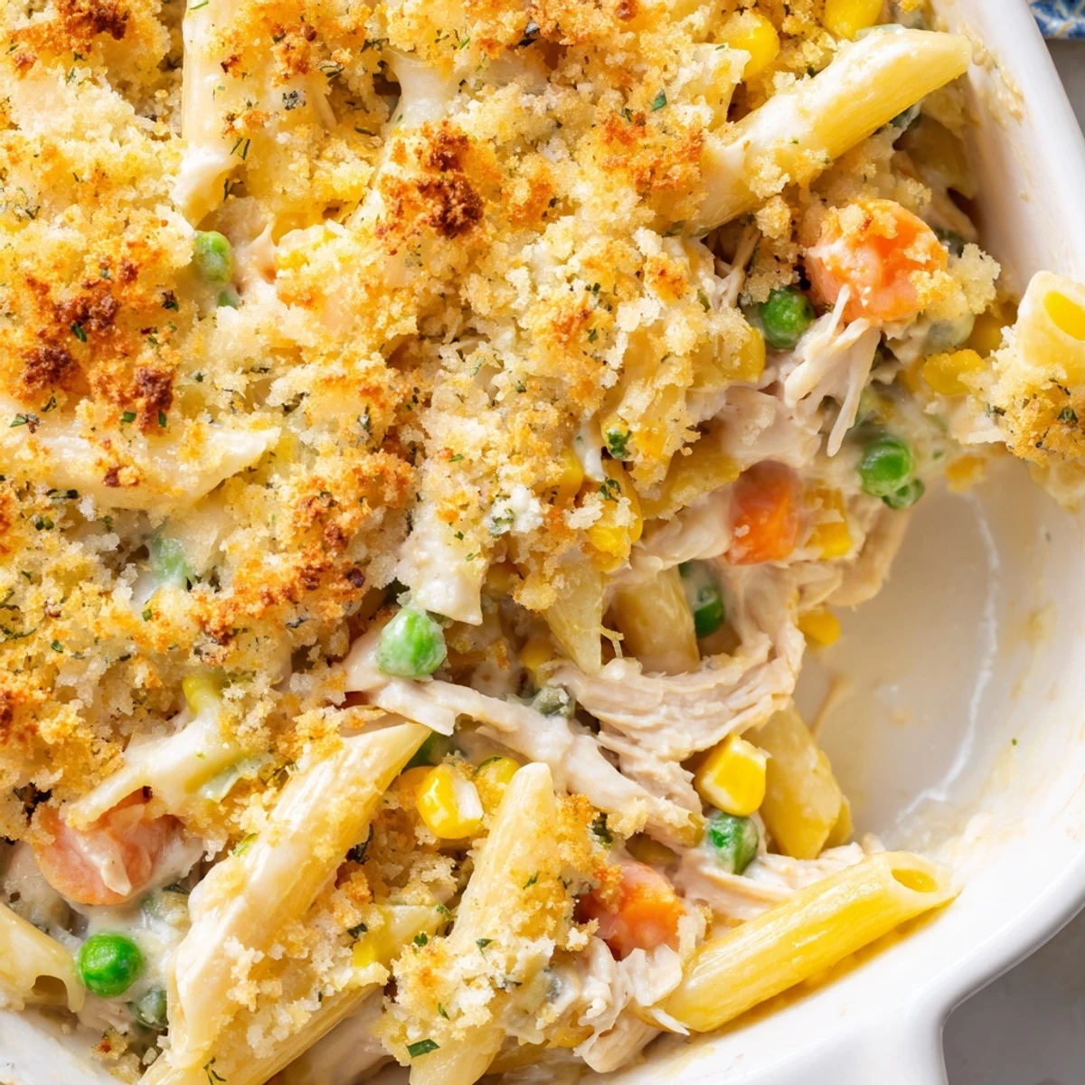 Serving spoon lifts chicken pot pie pasta with tender peas and melted cheese sauce