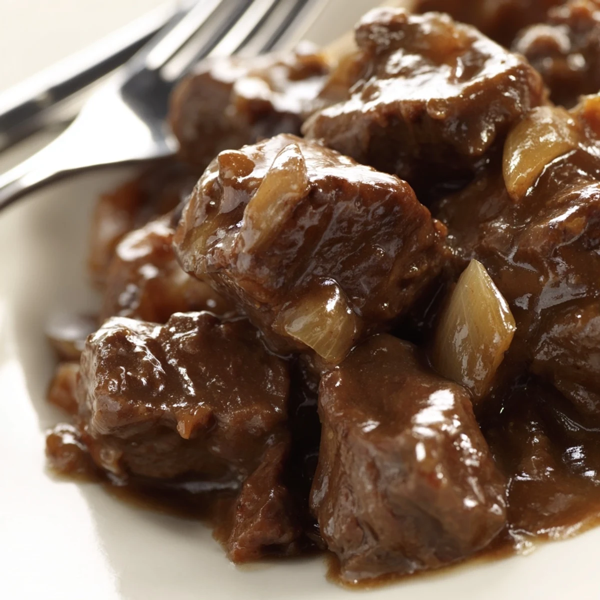 Tender slow cooker beef tips and gravy served over fluffy mashed potatoes with fresh parsley garnish