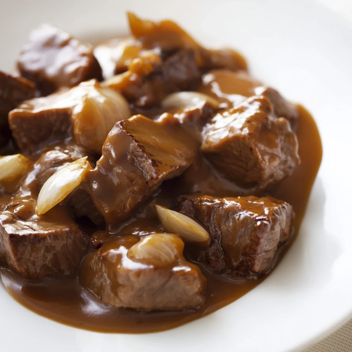 Rich and savory slow cooker beef tips and gravy in a bowl with steaming hot beef chunks