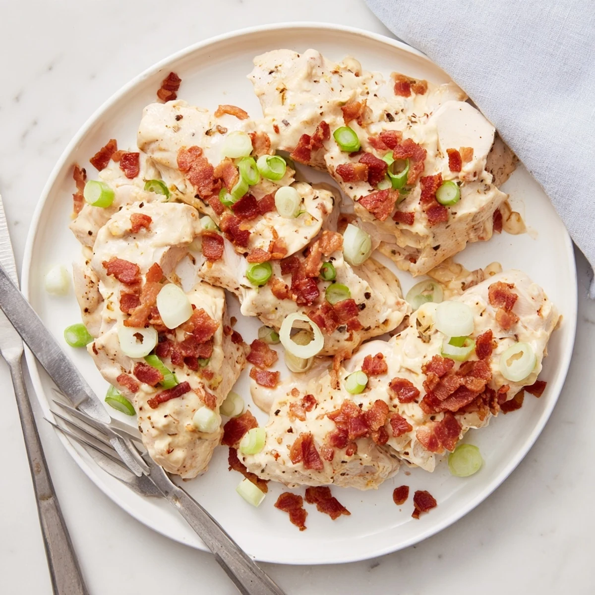 Creamy slow-cooked chicken breasts smothered in melted cheese sauce and savory bacon bits