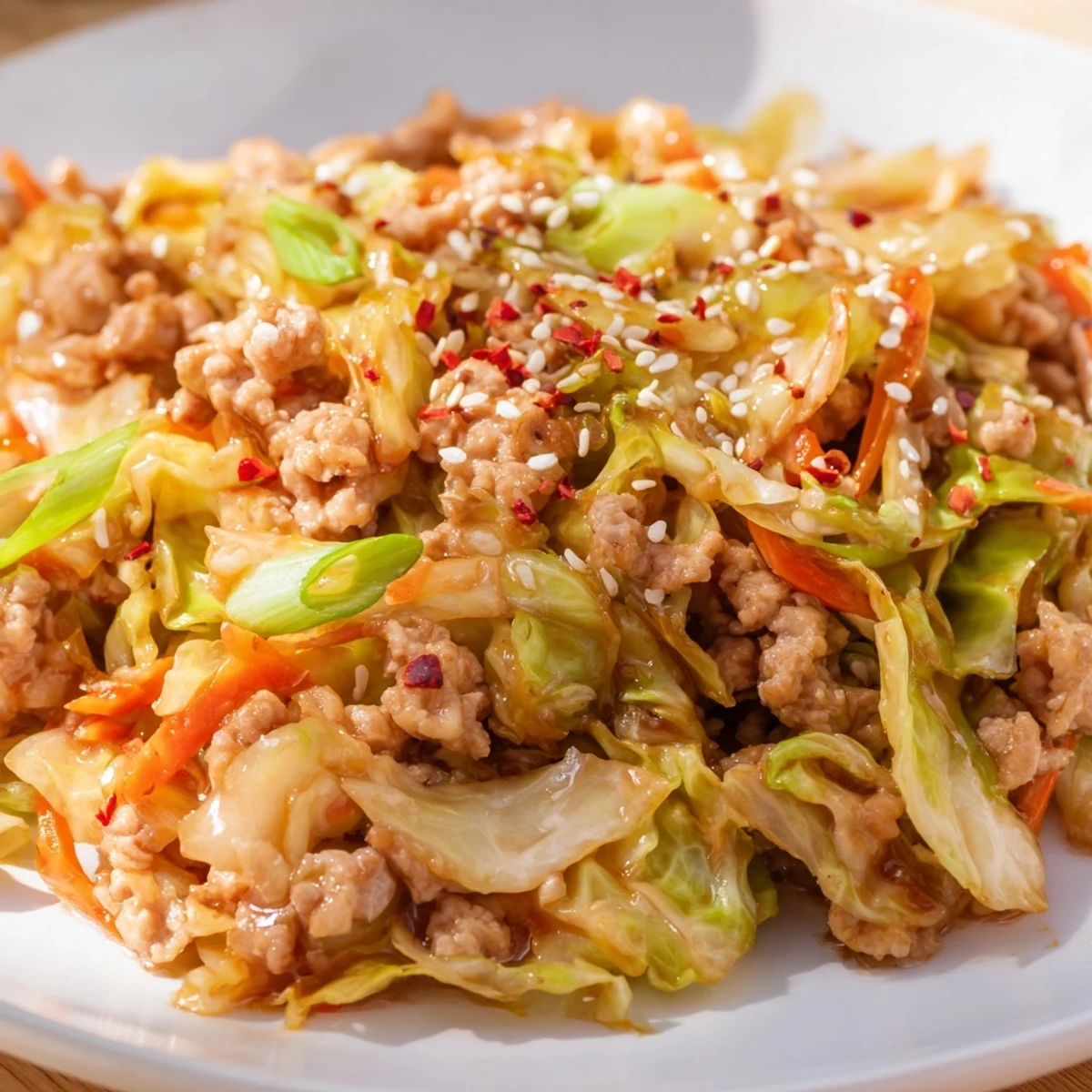 Golden brown ground pork and colorful cabbage in egg roll in a bowl one skillet keto