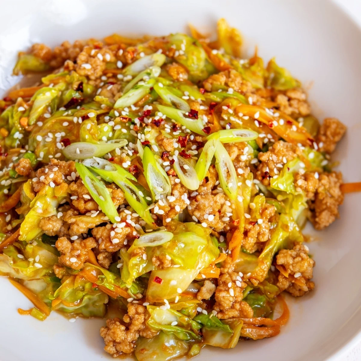 Savory low-carb egg roll in a bowl one skillet keto served hot with sesame seed garnish