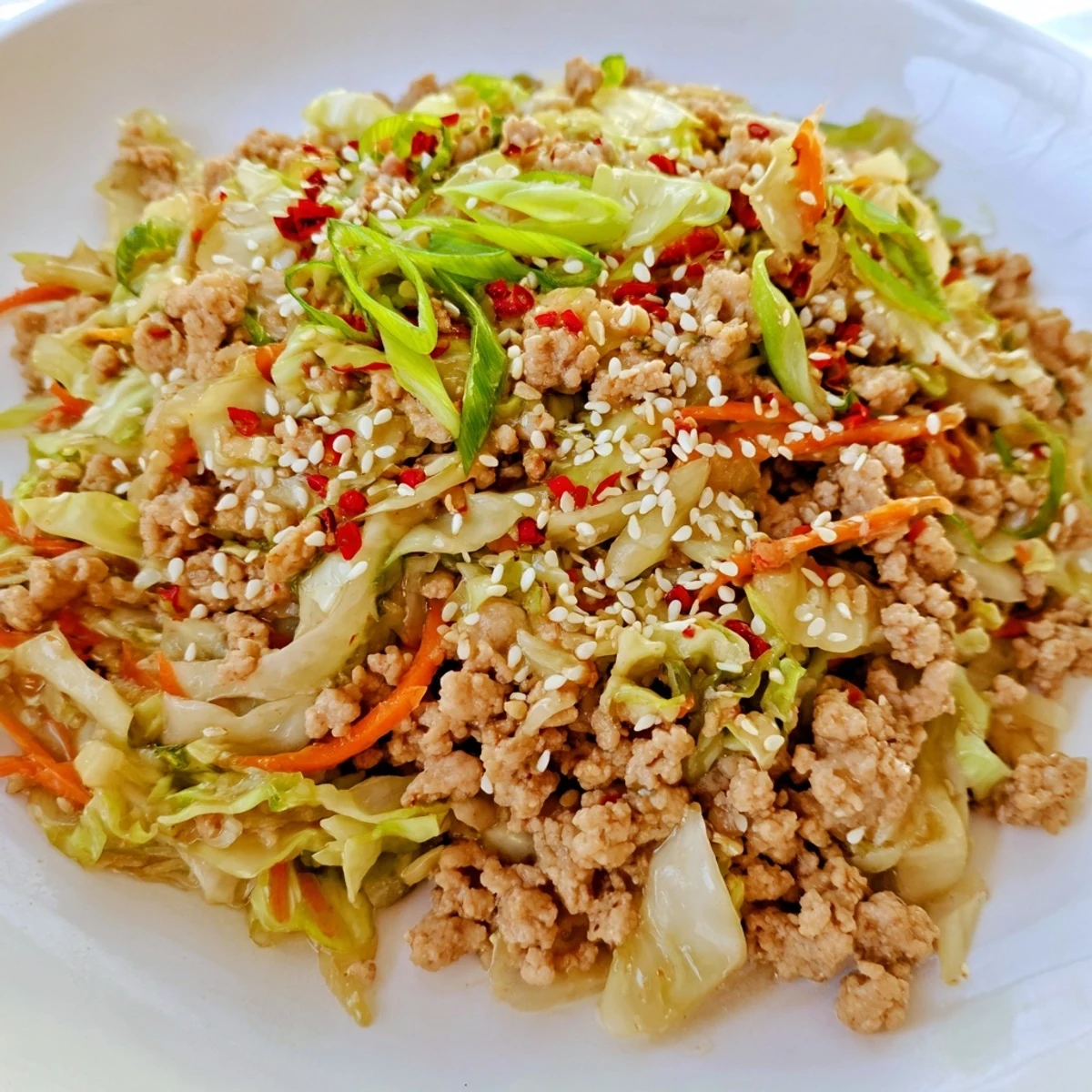 Hearty skillet of egg roll in a bowl one skillet keto with tender shredded vegetables and pork