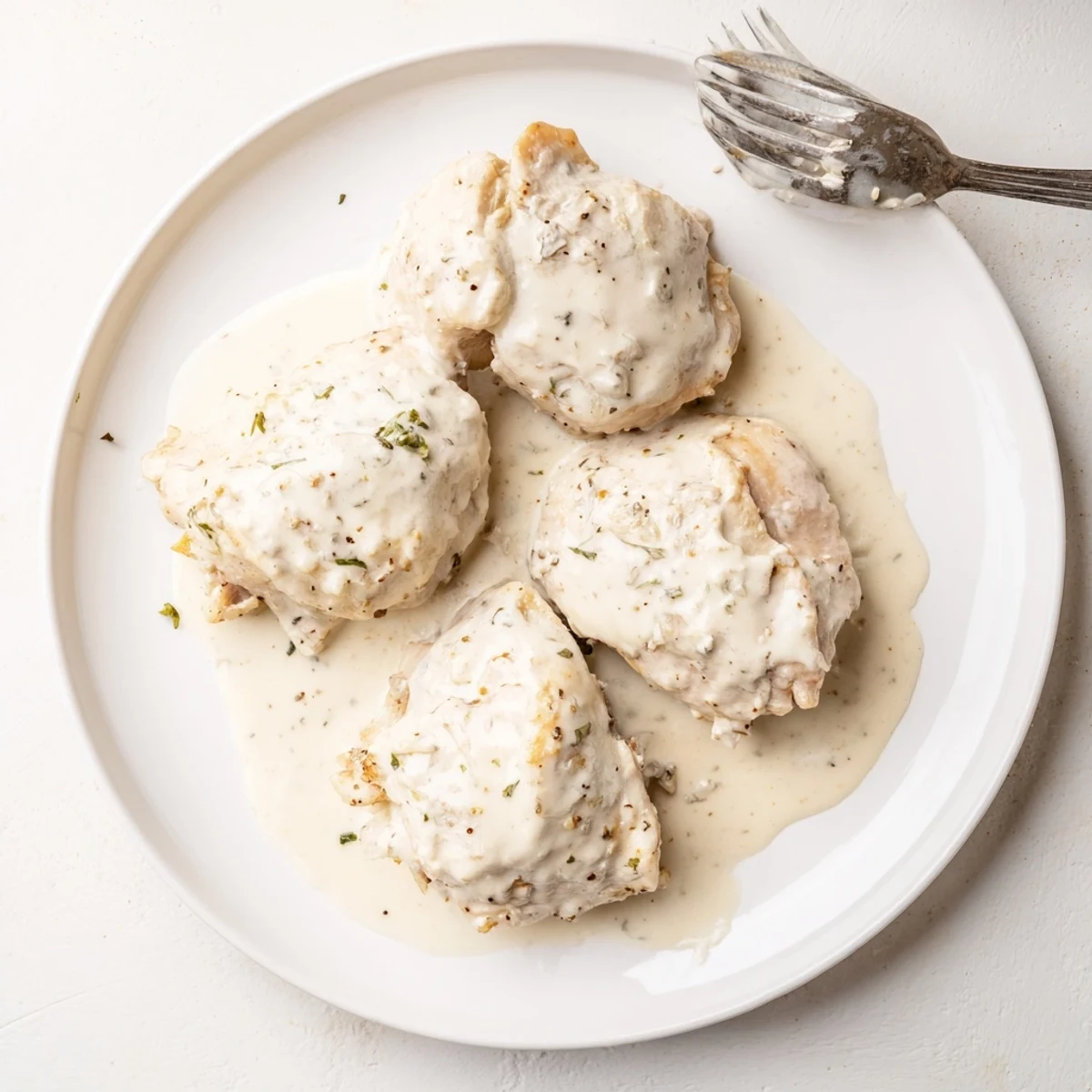 Crockpot chicken thighs coated in thick creamy gravy garnished with Italian seasoning and freshly cracked black pepper.