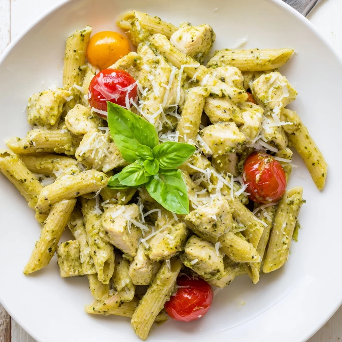 Creamy pesto chicken pasta served in a white bowl topped with fresh basil leaves