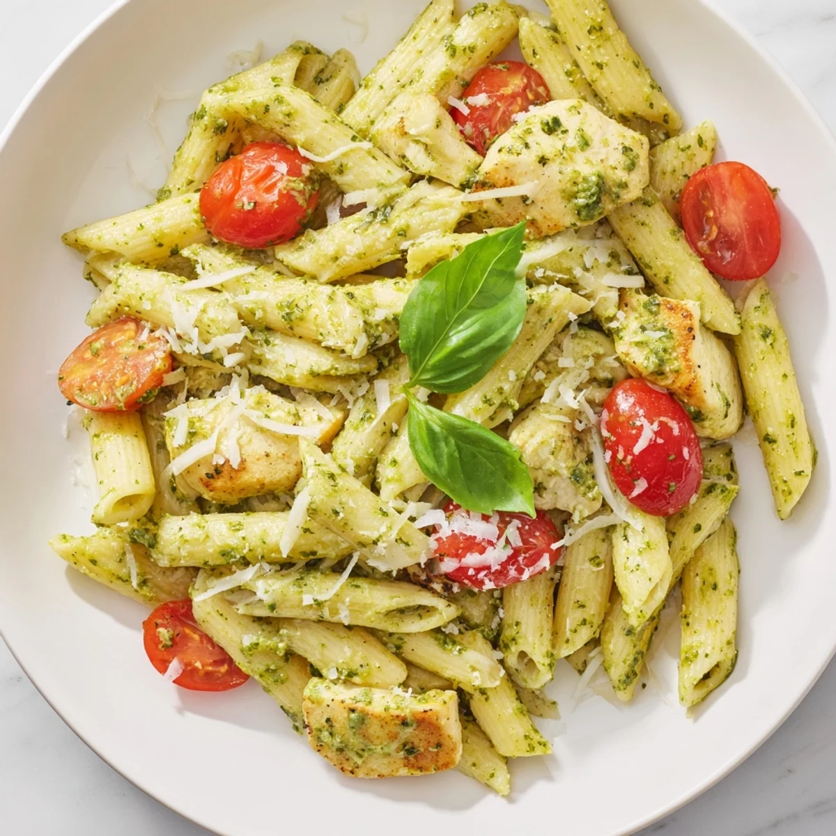 Golden brown chicken pieces tossed with penne in a rich green basil pesto cream sauce
