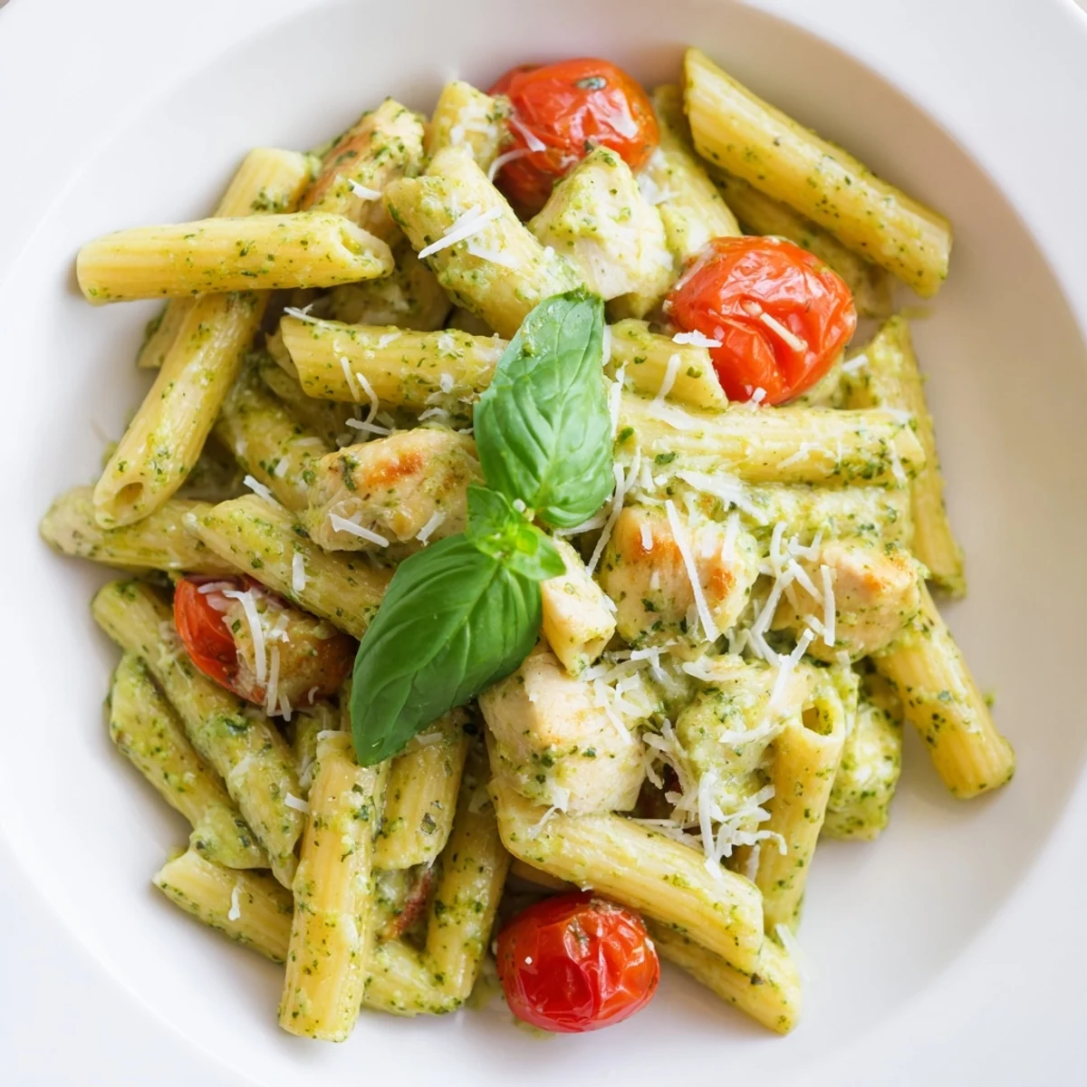 Twirled forkful of tender pasta and chicken coated in velvety Parmesan pesto sauce