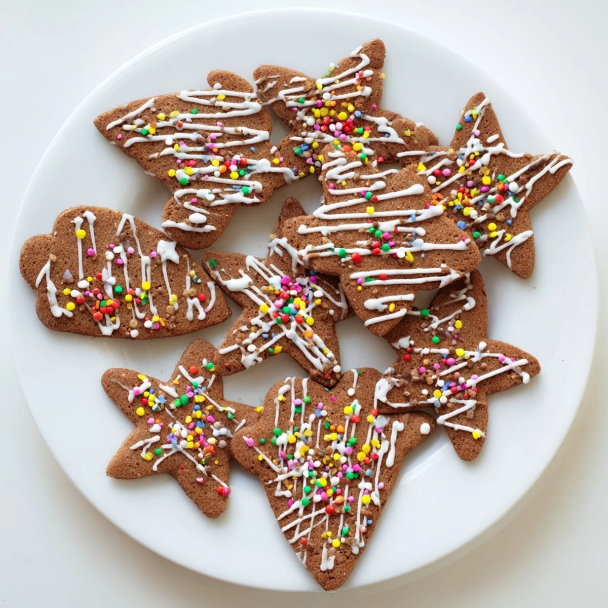 Golden classic cut out gingerbread cookies decorated with white icing and colorful sprinkles on a white plate