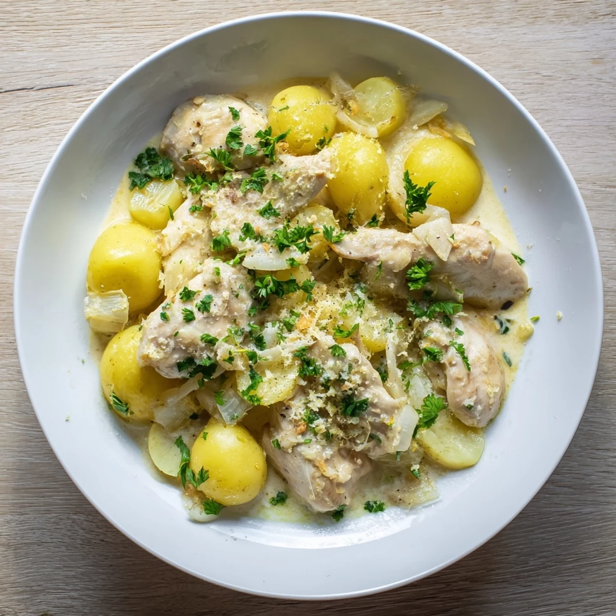 Golden chicken breasts and tender potatoes nestled in a rich garlic Parmesan sauce, slow-cooked to perfection